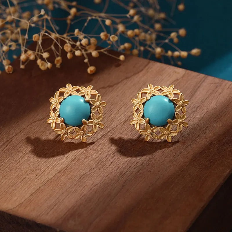 Retro Gold Round Turquoise Gemstone & Flower Accent Earrings-Maryam Jewelry