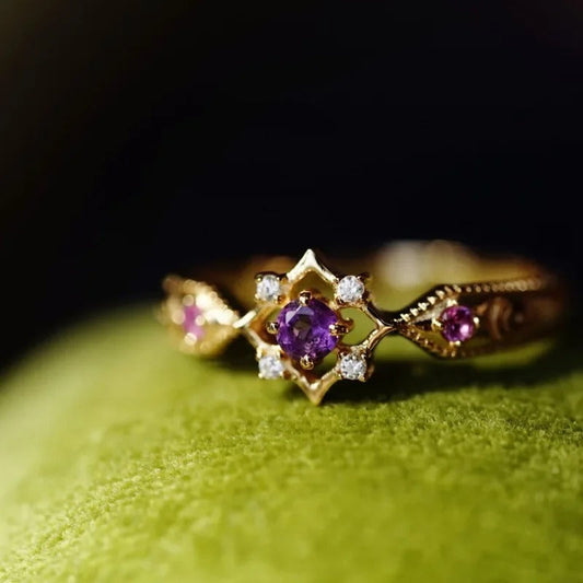 Vintage Gold & Amethyst Purple Crystal Geometric Adjustable Ring-Maryam Jewelry