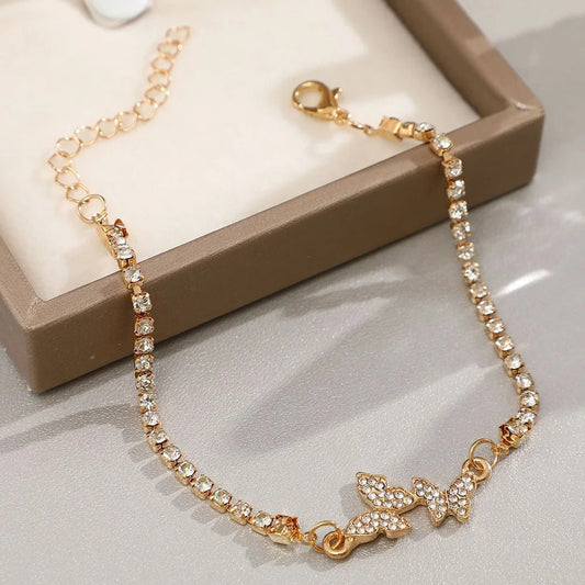Classic Gold Crystal-Studded Butterfly Link Bracelet-Maryam Jewelry