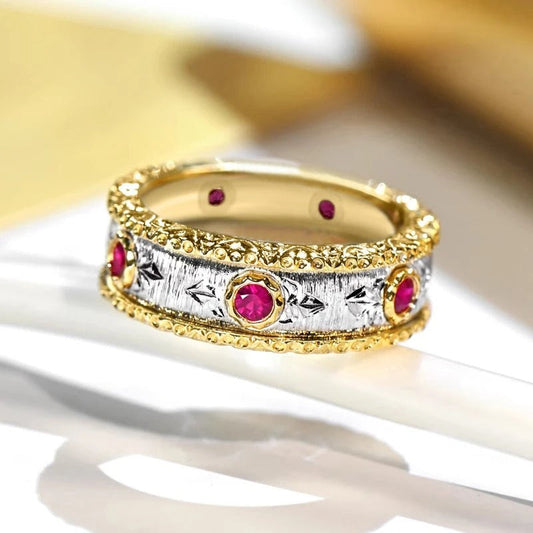 Vintage Red Gemstone Gold Silver Ring