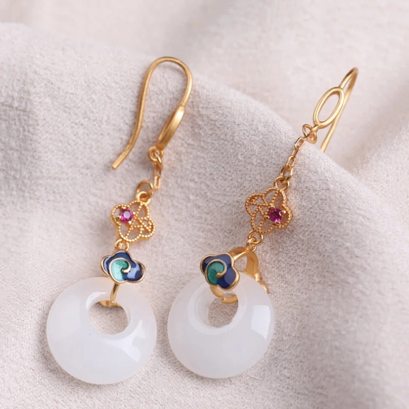 Vintage Gold White Jade Round Tassel Earrings-Maryam Jewelry