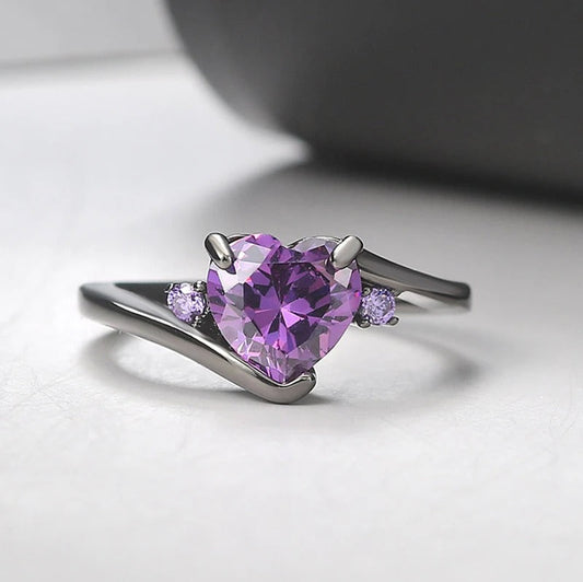 Silver Heart-Shaped Purple Gemstone Ring-Maryam Jewelry
