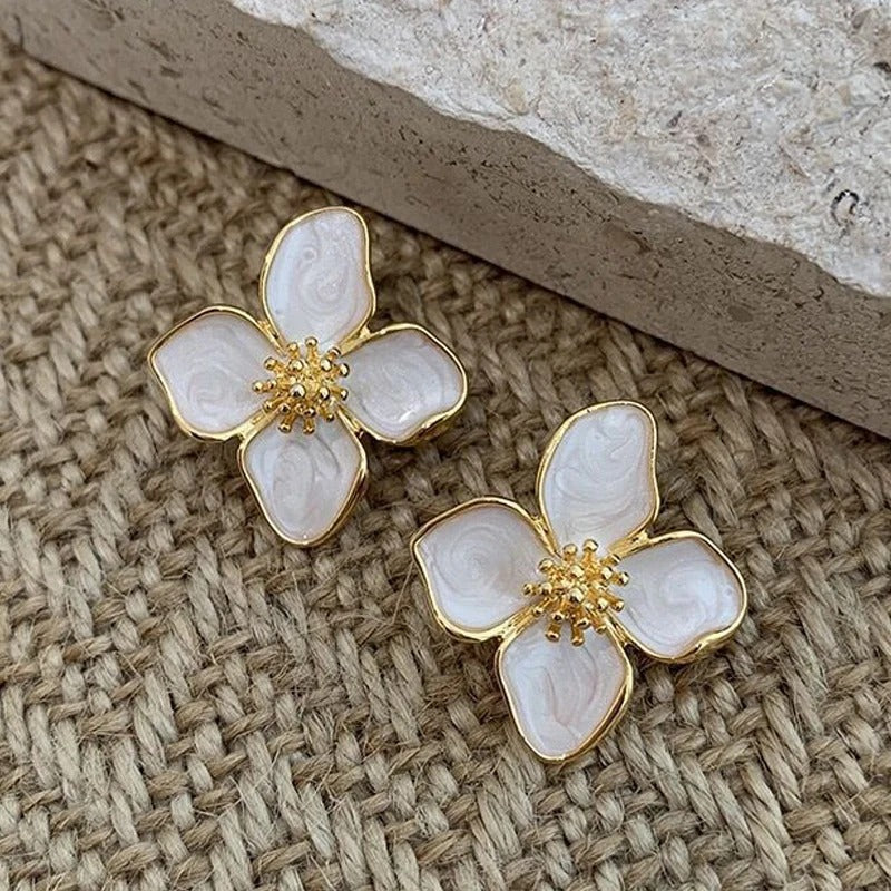 Vintage Gold White Blossom Earrings-Maryam Jewelry