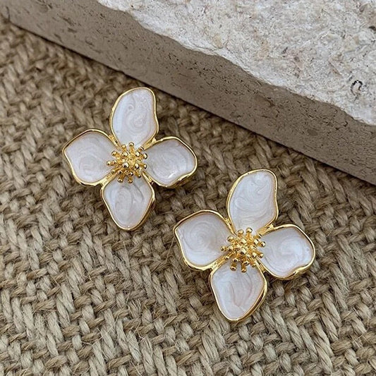 Vintage Gold White Blossom Earrings-Maryam Jewelry