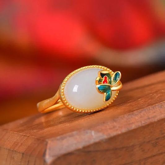 Classic Floral & Oval Gemstone Gold Adjustable Ring-Maryam Jewelry