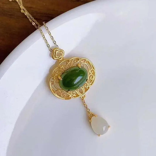 Classic Gold Green Stone & Teardrop Filigree Pendant Necklace-Maryam Jewelry