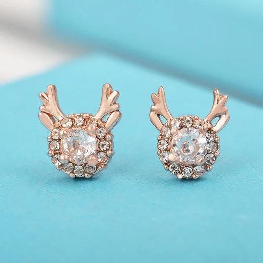 Vintage Rose Gold Reindeer Crystal Halo Stud Earrings-Maryam Jewelry