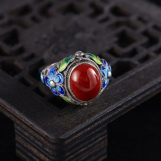 Vintage Silver Inlaid Southern Red Tourmaline Adjustable Ring-Maryam Jewelry