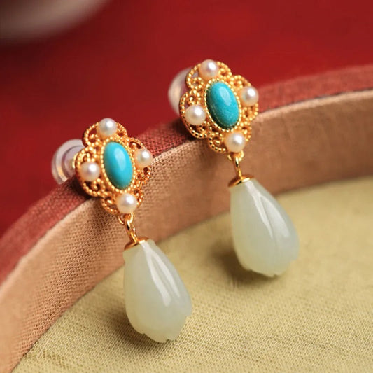 Classic Turquoise Pearl Vintage Charm Earrings-Maryam Jewelry