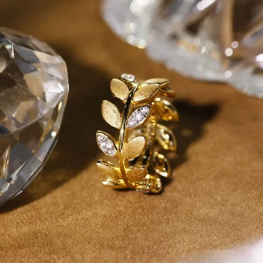 Vintage Gold & Diamond Leaf Crystal Adjustable Ring-Maryam Jewelry