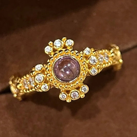 Antique-Inspired Gold & Purple Stone Floral Adjustable Ring-Maryam Jewelry