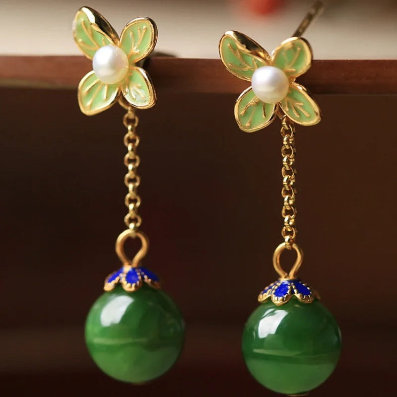 Vintage Gold Pearl Fresh Flower & Green Gemstone Earrings-Maryam Jewelry