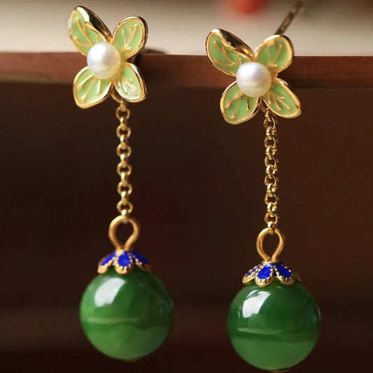 Vintage Gold Pearl Fresh Flower & Green Gemstone Earrings-Maryam Jewelry