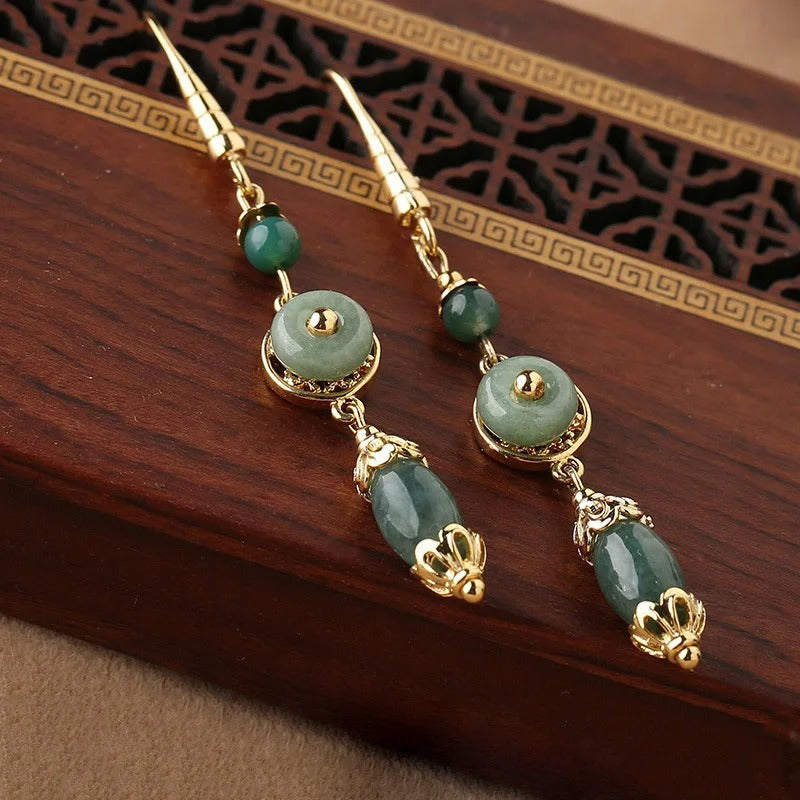 Classic Gold & Green Gemstone Drop Jasper Earrings-Maryam Jewelry