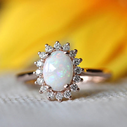 Vintage Rose Gold Oval Opal Gem & Radiant Crystal Border Ring-Maryam Jewelry