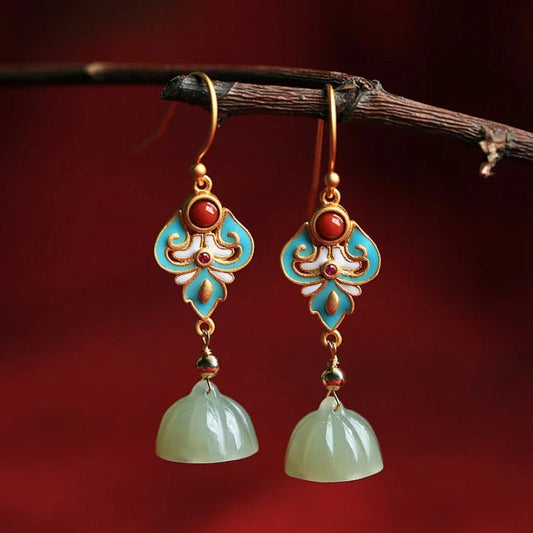 Vintage Gold Enamel & Coral Teardrop Earrings-Maryam Jewelry