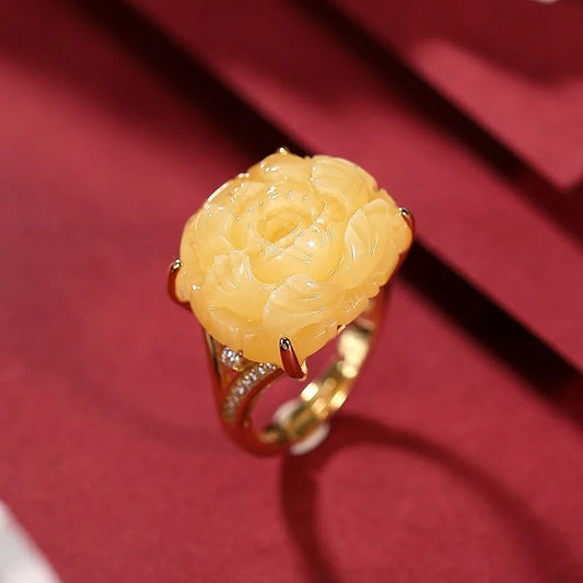 Vintage Natural Yellow Peony Flower Adjustable Ring-Maryam Jewelry