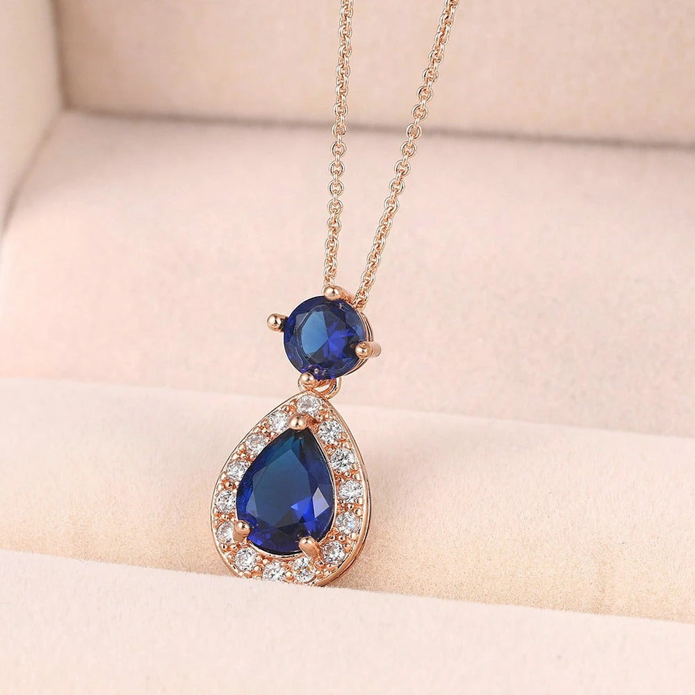 Antique Style Rose Gold Blue Oval Gem & Teardrop Pendant Necklace-Maryam Jewelry
