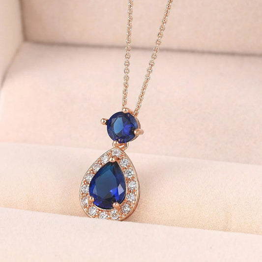 Antique Style Rose Gold Blue Oval Gem & Teardrop Pendant Necklace-Maryam Jewelry