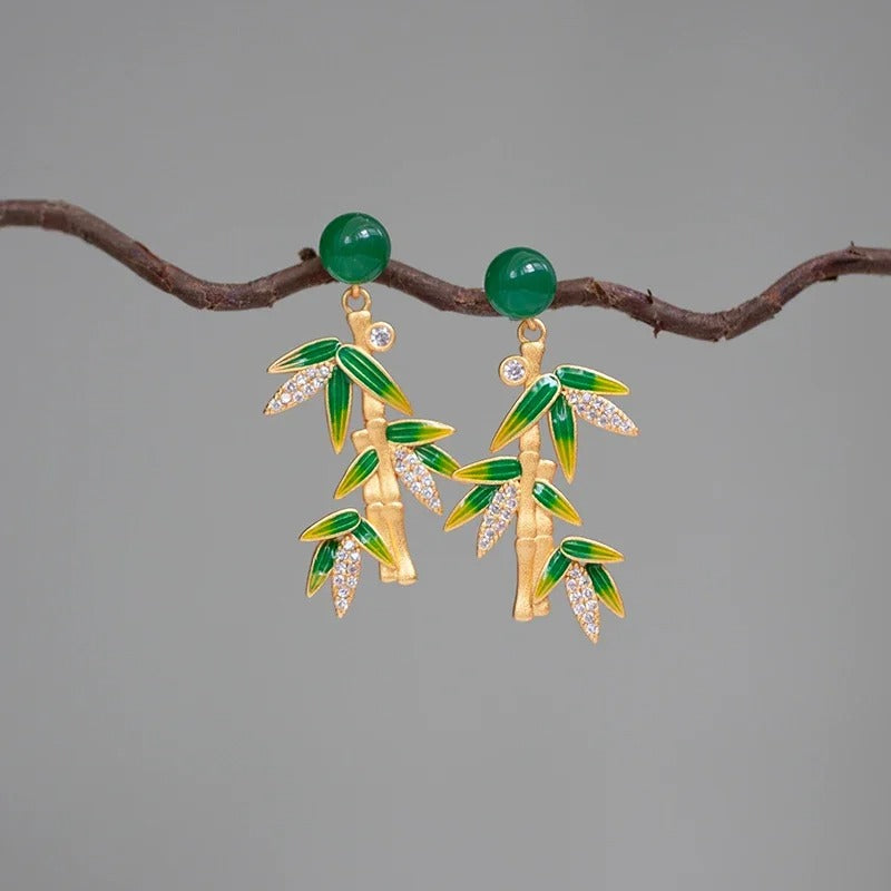 Vintage Gold Jade Green Bamboo Leaf Earrings-Maryam Jewelry