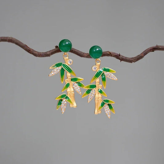 Vintage Gold Jade Green Bamboo Leaf Earrings-Maryam Jewelry