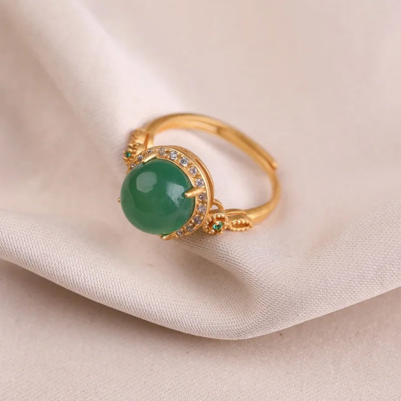 Vintage Gold Green Gemstone & Shiny Crystal Adjustable Ring-Maryam Jewelry