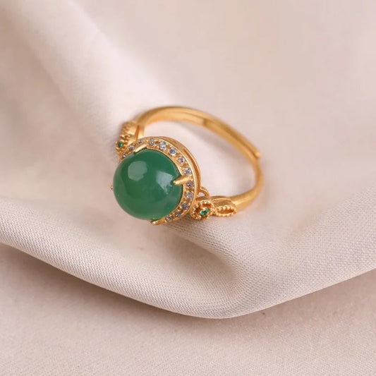 Vintage Gold Green Gemstone & Shiny Crystal Adjustable Ring-Maryam Jewelry