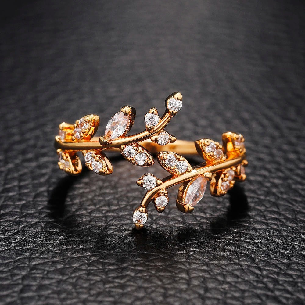 Gold Sparkling Leaf Branch Adjustable Ring-Maryam Jewelry