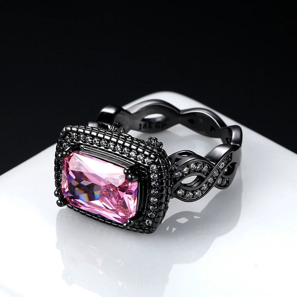 Pink Gemstone & Intricate Black Gold Band Ring-Maryam Jewelry