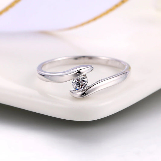 Silver Curved Band & Brilliant Center Diamond Ring-Maryam Jewelry