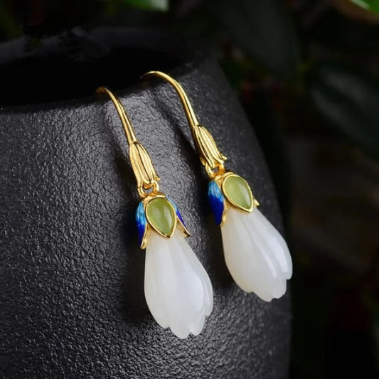 Classic Gold & White Flower Green Stone Dangle Earrings-Maryam Jewelry