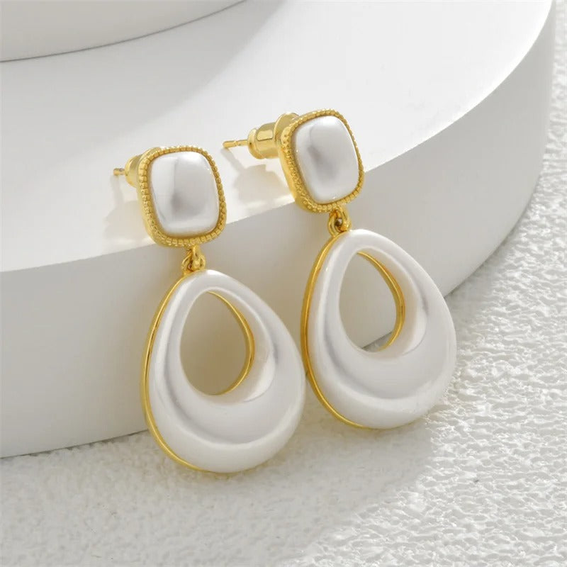 Vintage Gold & White Teardrop Square Stud Earrings-Maryam Jewelry