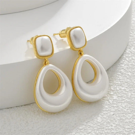 Vintage Gold & White Teardrop Square Stud Earrings-Maryam Jewelry