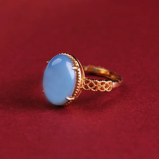 Vintage Gold Light Blue Oval Gemstone Adjustable Ring-Maryam Jewelry