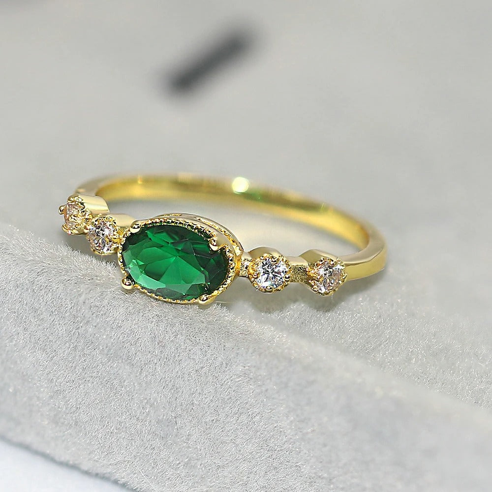 Vintage Gold Green Oval Gemstone & Sparkling Side Ring-Maryam Jewelry