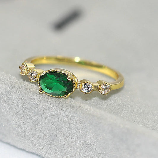 Vintage Gold Green Oval Gemstone & Sparkling Side Ring-Maryam Jewelry