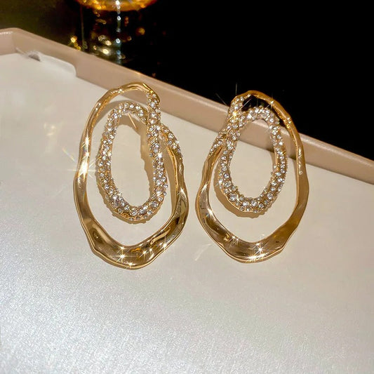 Vintage Gold Sparkling Crystal-Studded Oval Frame Earrings-Maryam Jewelry