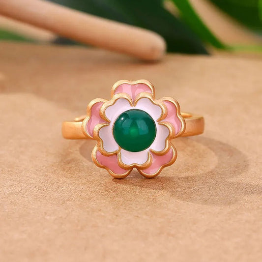 Retro Floral Gold Green Stone & Pink Flower Adjustable Ring-Maryam Jewelry