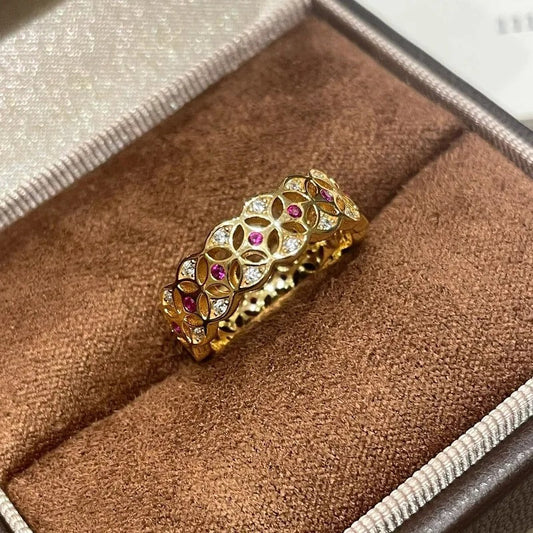 Antique-Inspired Gold & Ruby Floral Design Adjustable Ring-Maryam Jewelry