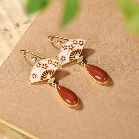 Vintage Gold & Red Floral Fan Drop Earrings-Maryam Jewelry