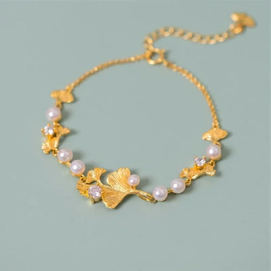 Classic Gold Ginkgo Leaf Pearl Bracelet-Maryam Jewelry