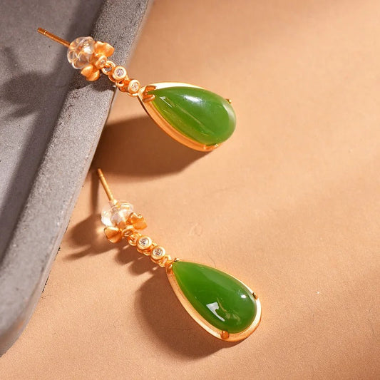 Classic Gold & Green Gemstone Inlaid Bow Crystal Dangle Earrings-Maryam Jewelry