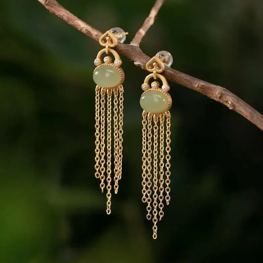 Classic Vintage Gold & Teardrop Oval Tassel Earrings-Maryam Jewelry