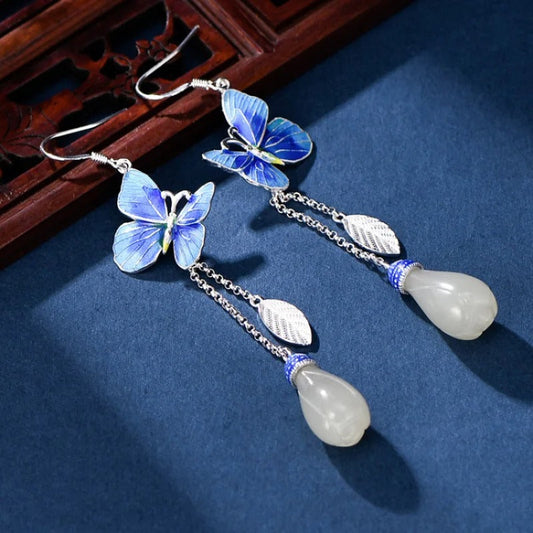 Vintage Silver & Tassel Blue Butterfly Earrings-Maryam Jewelry