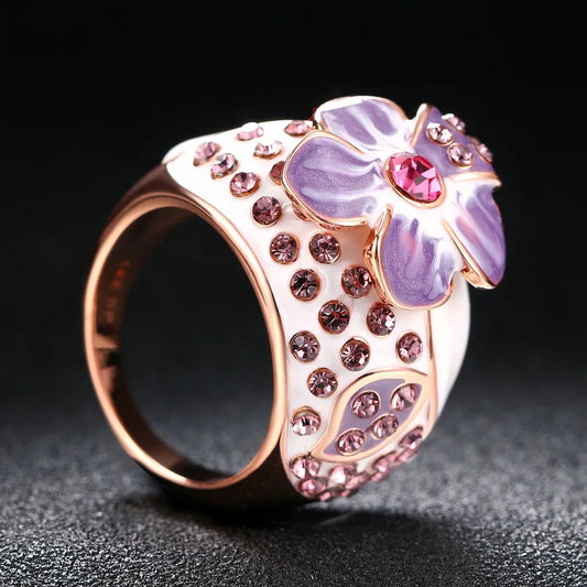 Classic Rose Gold Purple Floral Design & Crystal Ring-Maryam Jewelry