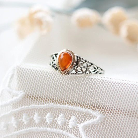Vintage Silver Carved Flower Teardrop Adjustable Ring-Maryam Jewelry