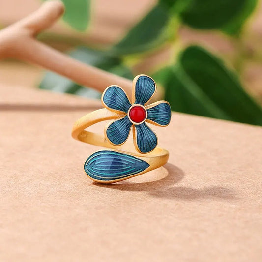 Retro Gold Blue Enamel Flower & Red Stone Adjustable Ring-Maryam Jewelry
