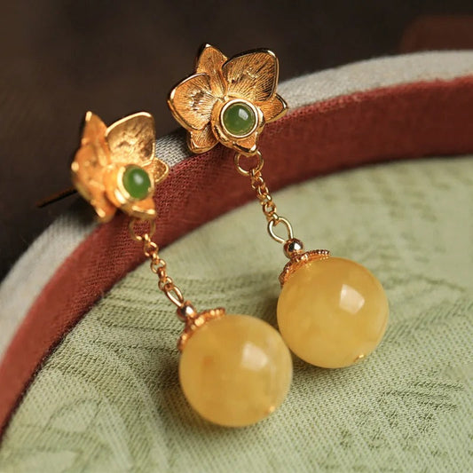 Vintage Gold Yellow Ball Gemstones & Green Floral Earrings-Maryam Jewelry