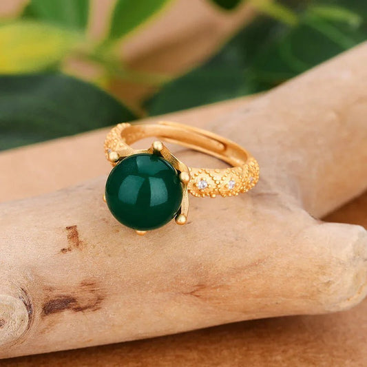 Vintage Gold Natural Green Bead Crown Adjustable Ring-Maryam Jewelry