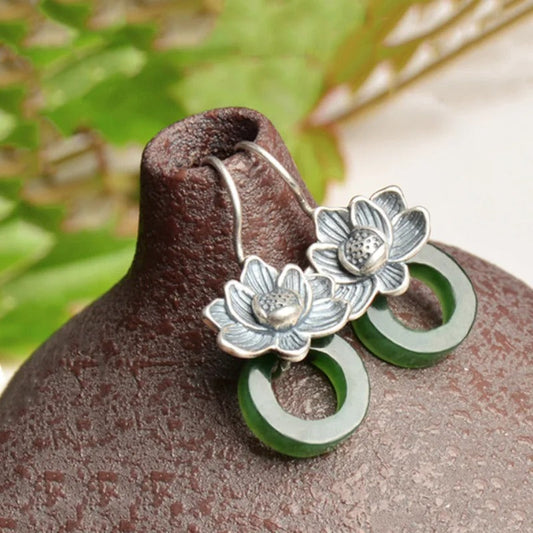 Classic Silver & Green Jade Flower Drop Earrings-Maryam Jewelry